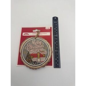 Holiday Time Tree Ornament Camper RV Merry Christmas Cut Wood Look Hanging Decor